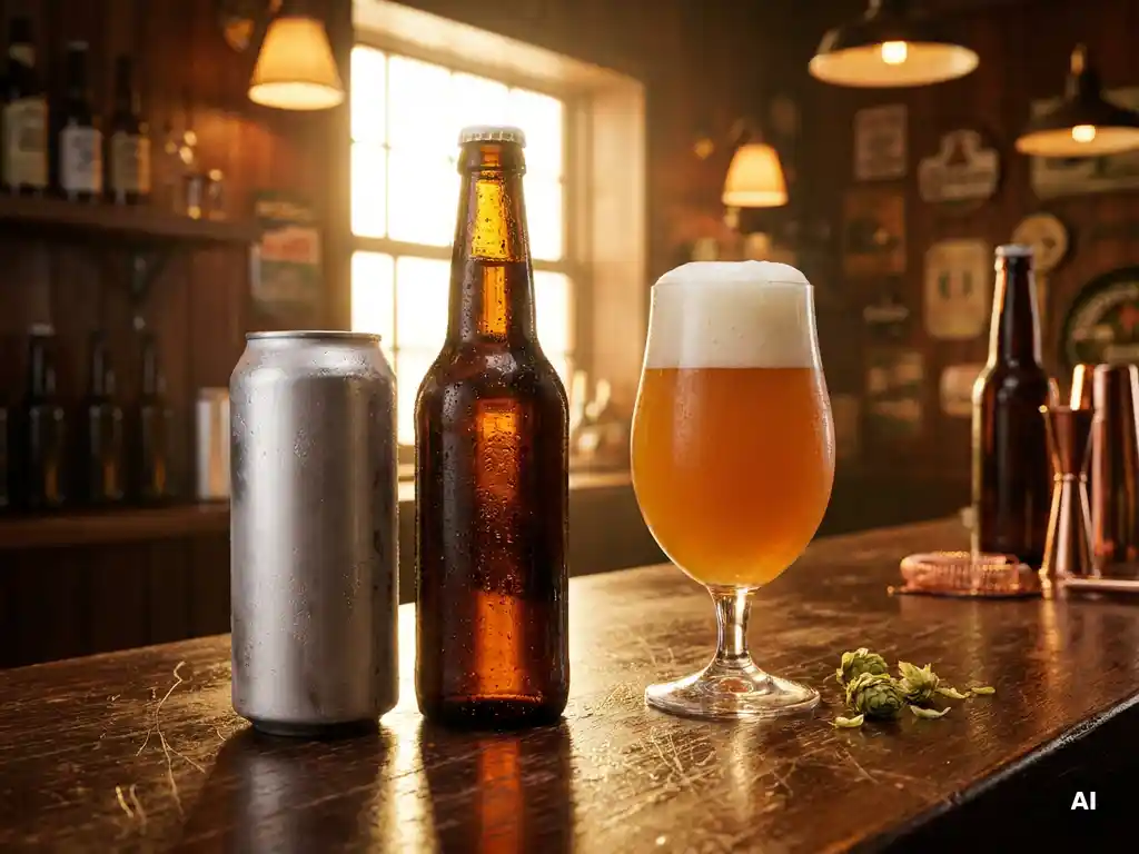 Berijpt IPA-blikje en donkere fles op een verweerde houten bar, naast een glas hazy amber IPA met dikke witte schuimkraag in warm kroeglight.