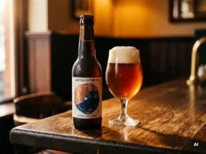 Recepten en Blog 1 Gecondenseerde limited-edition IPA-fles op donkere eiken bar naast een amberkleurig glas met dicht wit schuim, dramatisch zijlicht.