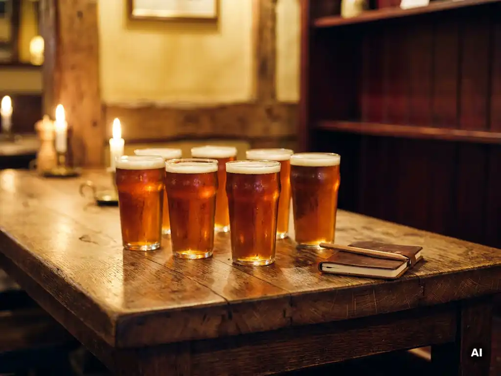 Zes amberbieren in pintglazen op een verweerde eiken tafel, met condensatie, romig schuim en een rustiek notitieboekje ernaast.