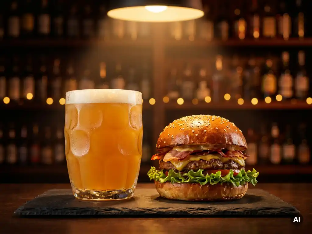 Beslagen IPA-glas met hazige gouden bier naast een gourmetburger op een leisteen plank, in sfeervol craftbar-licht.