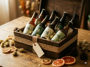 Recepten en Blog 6 Ambachtelijke biergeschenkdoos met IPA-flessen, omringd door hopbellen, gedroogde citrusschijfjes en dennenappels op een eiken ondergrond.