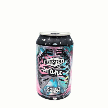 Blikje Chest Candy, een New Zealand NEDIPA met een kleurrijk ribbenkast ontwerp in roze en turquoise