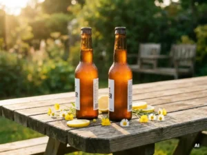 Recepten en Blog 5 Twee koude craft bier flesjes met condensdruppels op een houten picknicktafel, omringd door citroenschijfjes en veldbloemen in zacht zomerlicht.