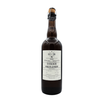 Fles Dikke Skilder, een Belgian Strong Golden Ale met crème kleurig label en kroonkurk met beugelsluiting