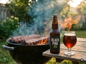 Recepten en Blog 2 Donkere IPA-fles met condensdruppels naast een rokende houtskoolbarbecue met spareribs, amber bier in tulpglas, gouden-uurlicht.