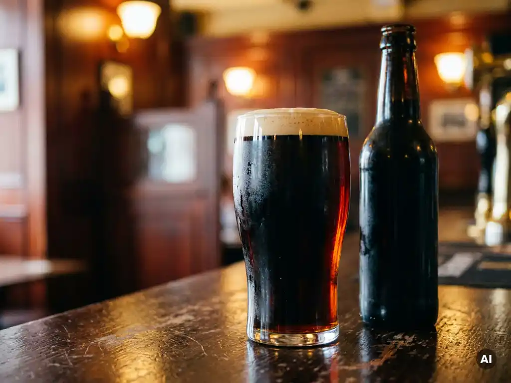 Donker IPA-pint met romige schuimkraag naast een stoutfles op een verweerde eiken bar, verlicht door warm goudkleurig publicht.