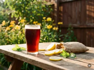 Recepten en Blog 3 Donkere robijnrode stout in bevroren glas met condensdruppels, omringd door citroenplakken en verse munt op zonnig houten tafel.