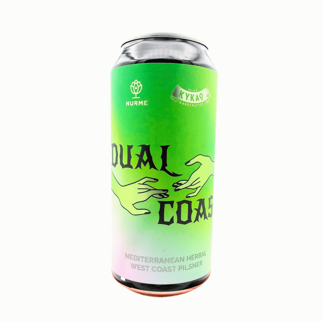 Blikje Dual Coast van Nurme en Kykao Handcrafted, groen verlopend naar roze label met twee reikende handen