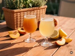 Recepten en Blog 3 Twee ambachtelijke bieren op een houten terras: een hazy fruitbier en een pale sour, omringd door verse perziken en citroen in middagzon.