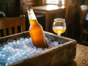 Recepten en Blog 6 Gekoeld IPA-flesje met condensdruppels in crushed ice in een houten bierkrat, amberkleurig bier gloeit door het glas, proegglas op de achtergrond.