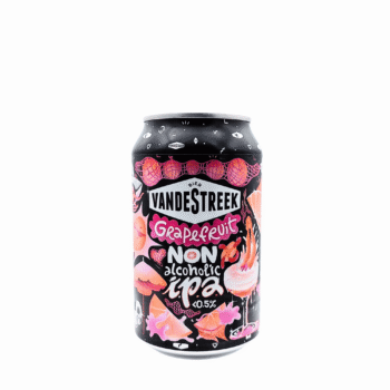 Blikje Grapefruit Non Alcoholic IPA van vandeStreek, met een kleurrijk ontwerp in roze en oranje met grapefruit illustraties