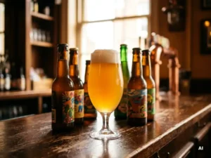 Recepten en Blog 6 Hazy IPA in tulip glas met dikke schuimkraag, omringd door craft brewery flesjes op een verweerde houten bar.