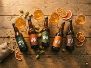 Recepten en Blog 2 Plat bovenaanzicht van meerdere IPA-flessen en glazen op rustiek eiken oppervlak, omringd door hopbellen en gedroogde citrusschijfjes.
