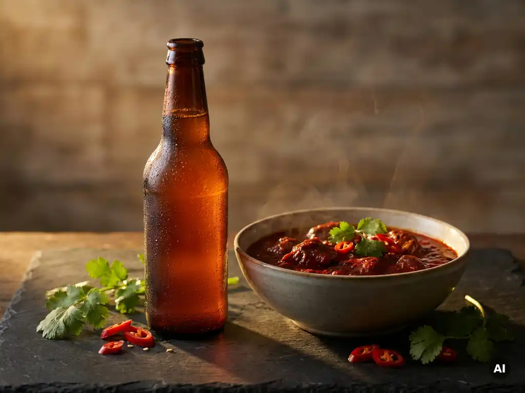 Bevroren IPA-fles met condensdruppels naast dampende rode curry, verse chilipepers en koriander op leisteen ondergrond.