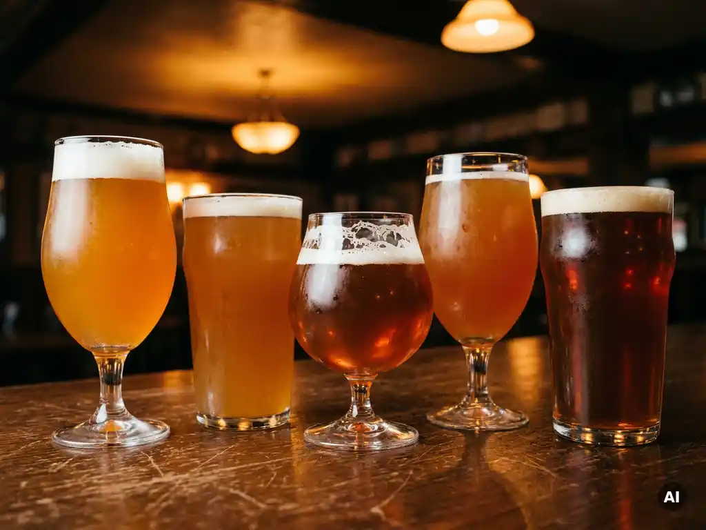 Vijf IPA-bieren in verschillende glazen met gouden tot amberkleurige tinten op een verweerde eiken bartop in sfeervol publight.