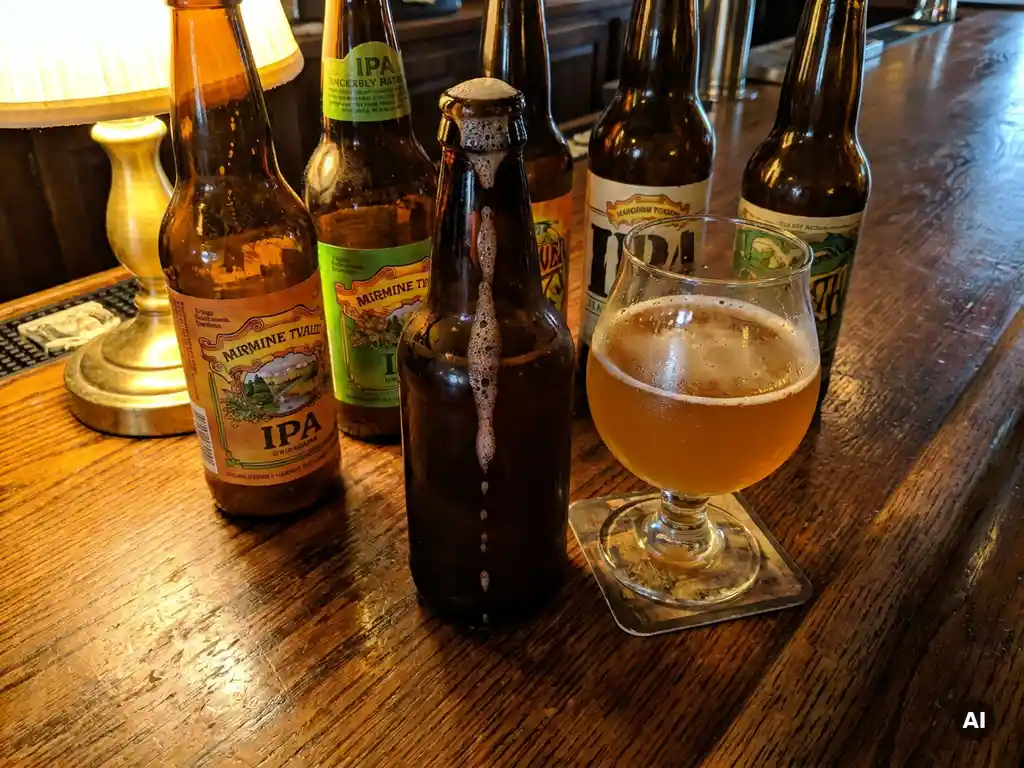 Diverse IPA-flessen met kleurrijke labels op een eiken bar, één geopend met schuim, naast een gevuld tulpglas met hazy amber bier.