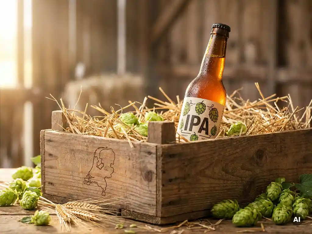 Gekoelde IPA-fles in houten krat met stro, hopbellen en een gegraveerde kaart van Nederland en België, in warm goudkleurig licht.