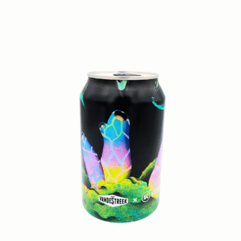 Blikje Barely Barley Wine, een barley wine collab tussen vandeStreek en Kees, met kleurrijke kristallen illustraties op een zwarte achtergrond