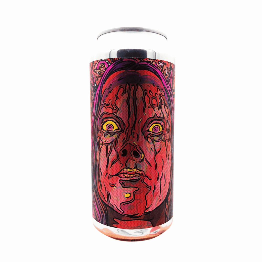 Blikje Lust For Blood van Salama Brewing Company, met een bebloed rood gezicht met wijd opengesperde ogen op het label