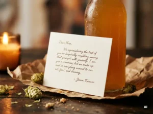 Recepten en Blog 5 Handgeschreven kaartje leunend tegen een beslagen IPA-fles met hazige goudamber bier, gedroogde hopbellen op donker eikenhout in kaarslicht.