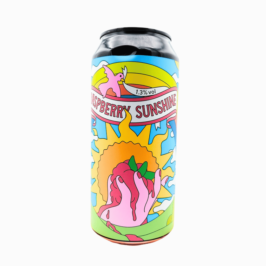 Blikje Raspberry Sunshine van Kykao Handcrafted, met een kleurrijk psychedelisch label met een roze vogel, regenboog en een hand vol frambozen