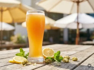 Recepten en Blog 4 Ijskoud tarwebier in hoog glas met condensdruppels, geflankeerd door citroenschijfjes, muntblaadjes en hopbellen op verbleekt houten tafel.
