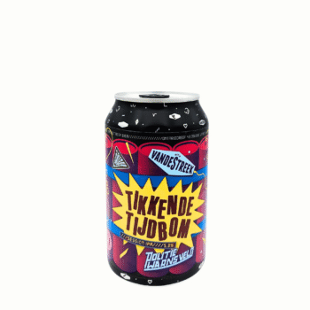 Blikje Tikkende Tijdbom, een Session IPA met een kleurrijk pop art ontwerp in rood, geel en blauw