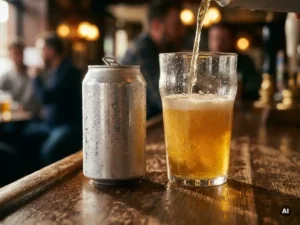 Recepten en Blog 4 Dauwbedekt IPA-blikje op een verweerde eiken bartop, goudkleurig bier inschenken in een koud glas, warm pubsfeer licht.