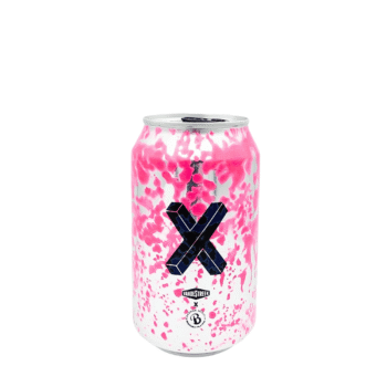 Blikje Imperial Fruited Sour, een samenwerking tussen vandeStreek en Baxbier, met een roze verfspetter ontwerp op een zilveren blikje