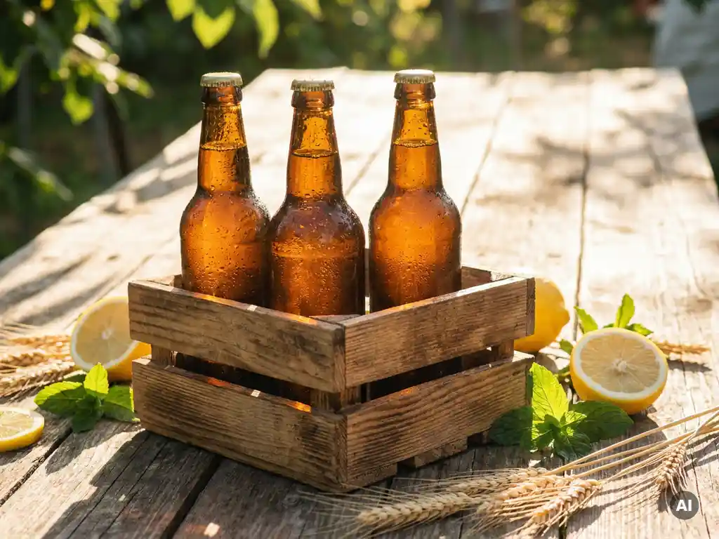 Drie ambachtelijke bierflessen met condensdruppels in houten krat, omringd door citroenschijfjes, muntblaadjes en tarwehalmen in warm zomerlicht.
