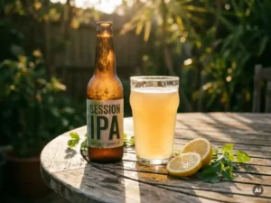 Recepten en Blog 4 Bevroren Session IPA-fles en troebel witbierglas op verweerd houten tuintafel, met citroenplakken en koriander in zomers tegenlicht.