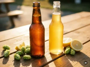 Recepten en Blog 2 IPA-fles en tarwebier met condensdruppels op een houten picknicktafel, omringd door hopbellen en citroenschijfjes in warm middaglicht.