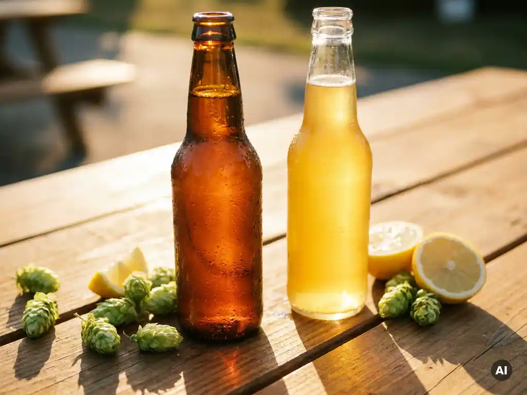 IPA-fles en tarwebier met condensdruppels op een houten picknicktafel, omringd door hopbellen en citroenschijfjes in warm middaglicht.
