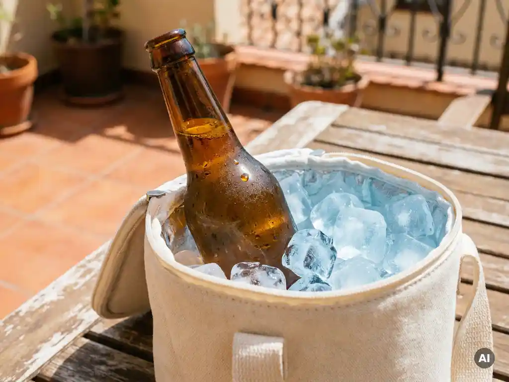 Gekoeld bierflesje in geïsoleerde koeltas omringd door smeltende ijsblokjes, met condensdruppels op het barnsteenkleurige glas in zomers zonlicht.