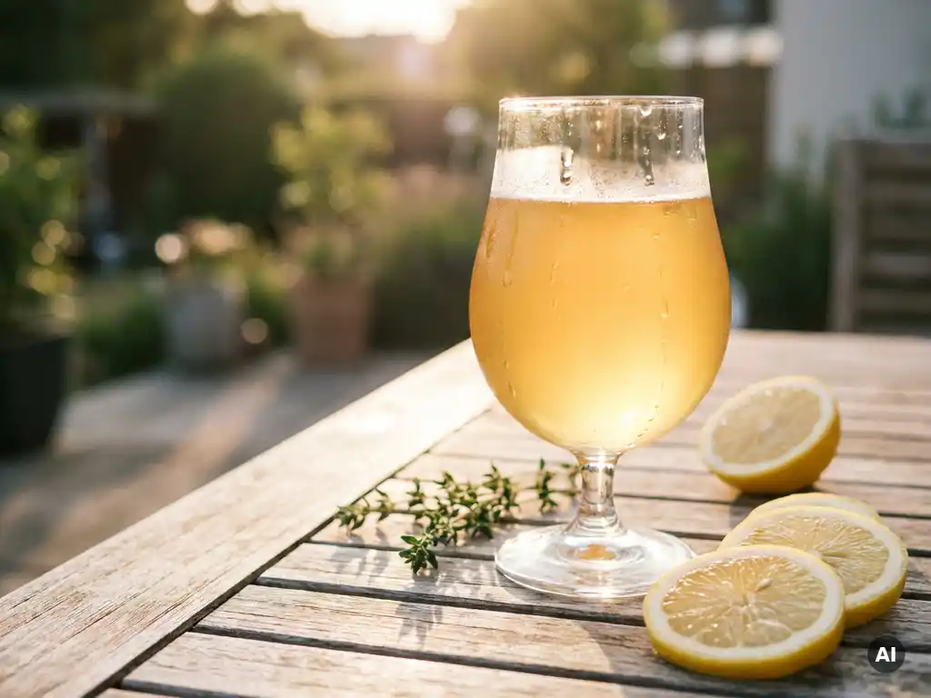 Gekoeld zomerbier in beslagen tulpglas op verweerd houten terras, omringd door citroenschijfjes en verse kruiden in gouduur licht.