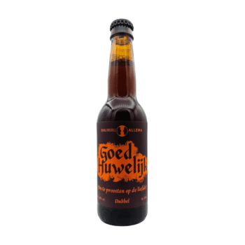 Bruin flesje Goed Huwelijk van Brouwerij Allema, met een donker label en oranje gotische letters
