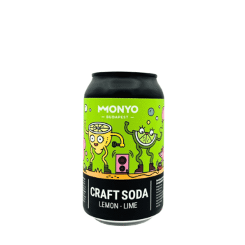 Zwart blikje Craft Soda Lemon Lime van MONYO Budapest, met een groen label vol dansende citroen en limoen personages