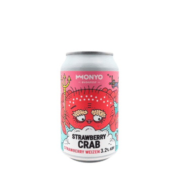 Blikje Strawberry Crab van MONYO Budapest, een Strawberry Weizen met een roze en turquoise label met een rode krab en een drietand