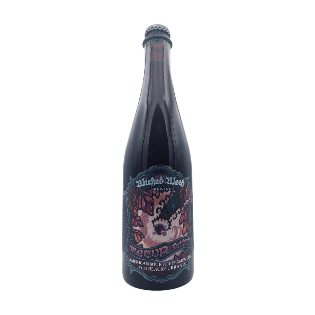 Fles Recurrant van Wicked Weed Brewing, een American Sour Ale met zwarte bessen, met een groenblauw omlijst label vol roze en oranje bladeren en een geïllustreerd wezen