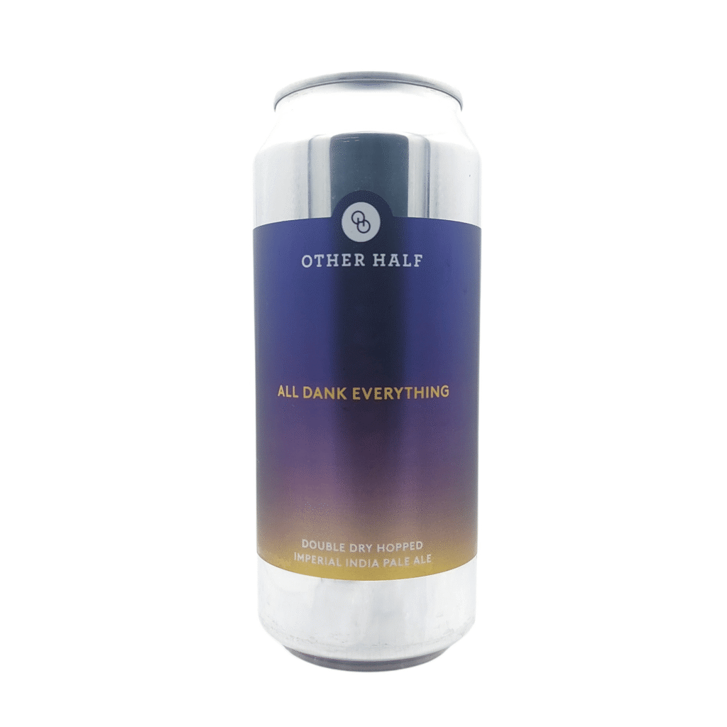 Zilveren blikje All Dank Everything van Other Half, een Double Dry Hopped Imperial IPA met een label in een verloop van indigo en paars naar goud