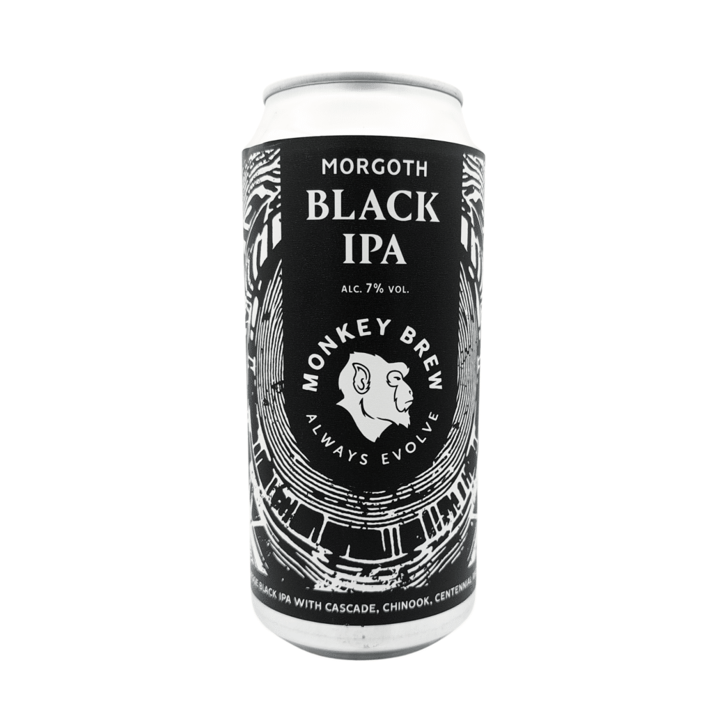 Zilveren blikje Morgoth Black IPA van Monkey Brew, met een zwart wit label vol grafische patronen en het apenlogo van de brouwerij
