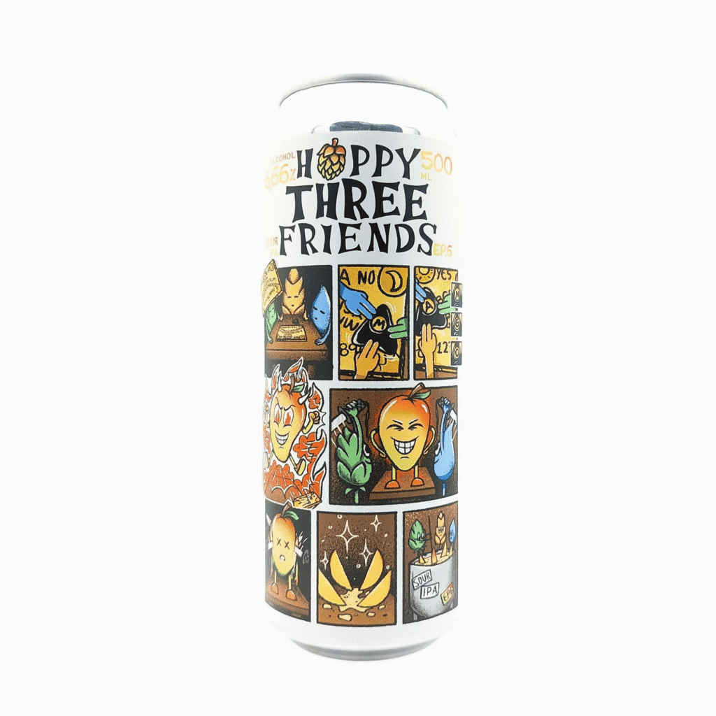 Wit blikje Hoppy Three Friends Ep. 6, een Sour IPA met een stripverhaal label in oranje, geel en bruin met een mango, een hopbel en een waterdruppel als personages