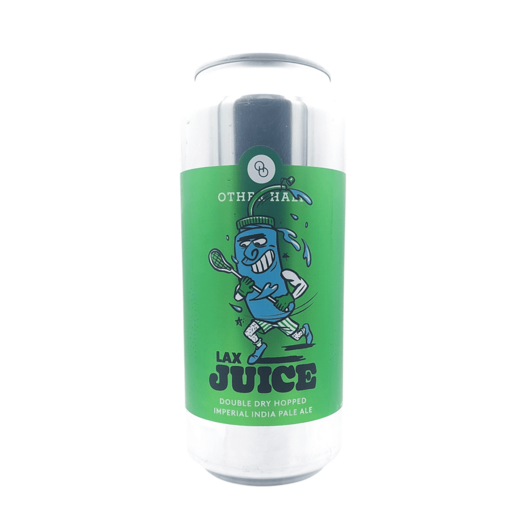 Zilveren blikje Lax Juice van Other Half, een Double Dry Hopped Imperial IPA met een groen label en een blauwe lacrosse spelende knijpfles